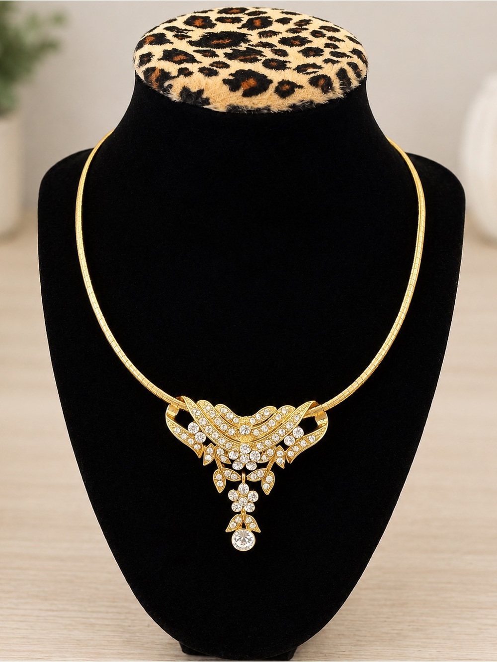 Gold Tone Rhinestone Statement Necklace Crystal Drop Vintage Style